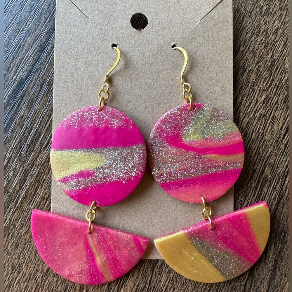 SALE: hot pink and gold clay earrings